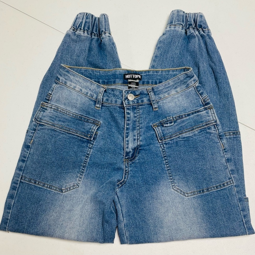 Hot Topic Sz 7 Light Indigo Cargo Denim Joggers Baggy Relaxed Y2K Pockets Grunge